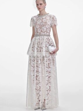 New! Self-Portrait White Lace Tiered Maxi Gown size 8